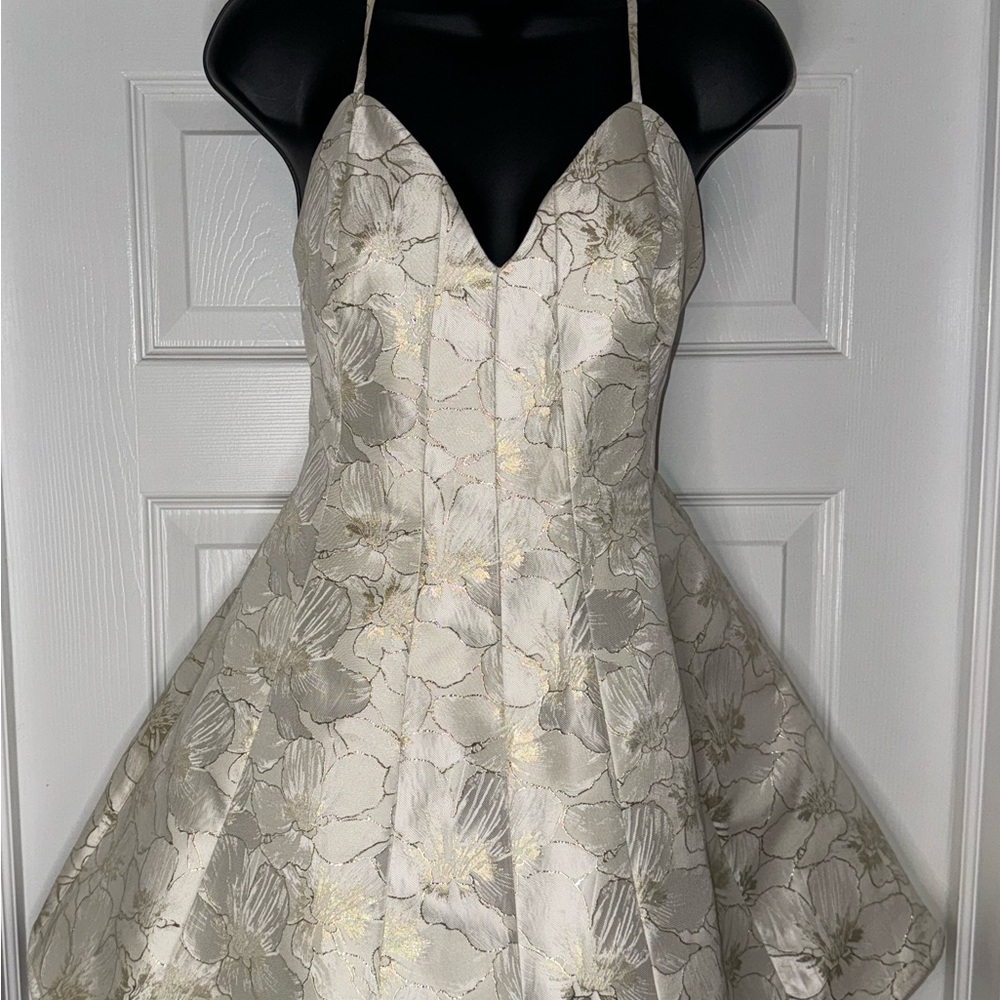Lulus Shining Brightly Ivory and Gold Floral Jacquard Mini Dress